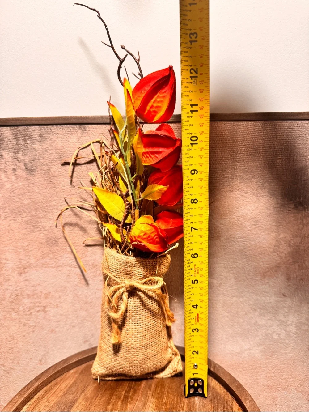 Rustic Burlap Fall Floral Arrangement Orange Chinese Lantern Farmhouse Decor